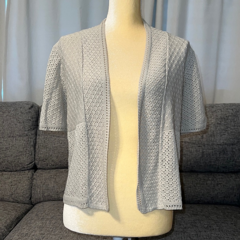 Perceptions New York Beige Taupe Short Sleeve Lightweight Cardigan Sweater Med
